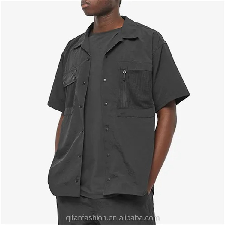 Custom 100% nylon open camp collar mesh pockets vacation shirt for men