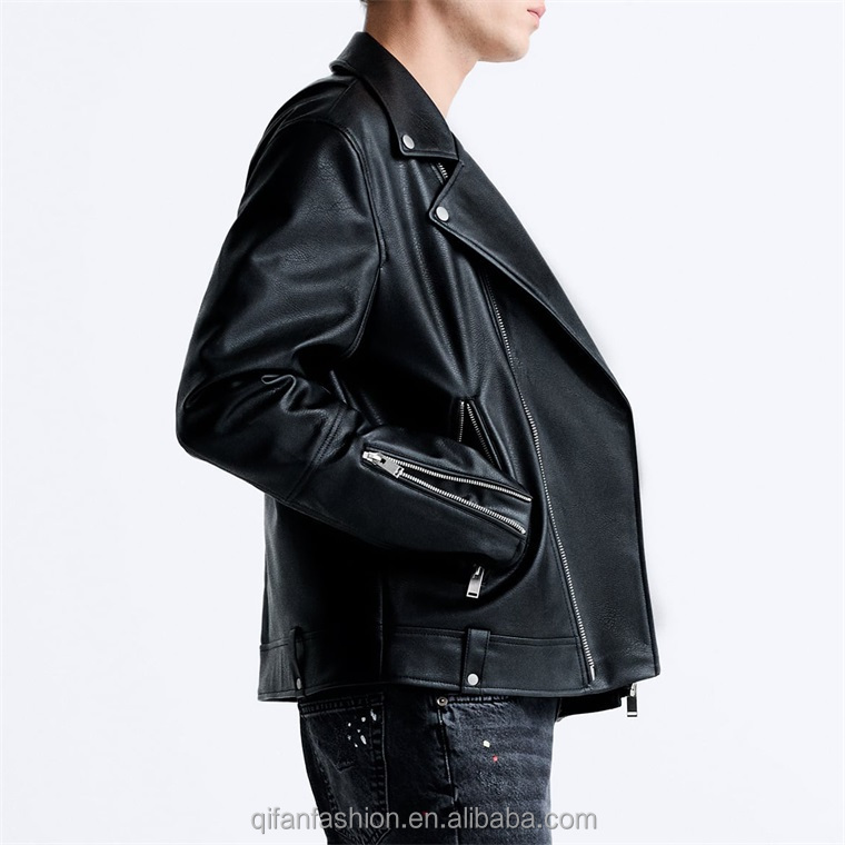 Custom lapel collar windbreaker leather motorcycle jacket for men