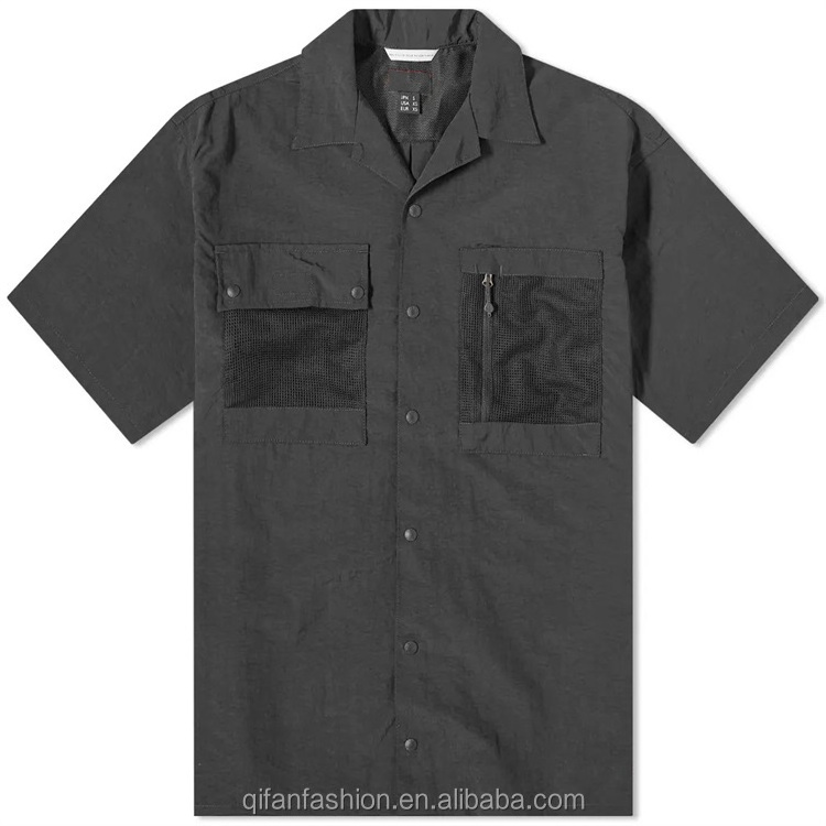 Custom 100% nylon open camp collar mesh pockets vacation shirt for men