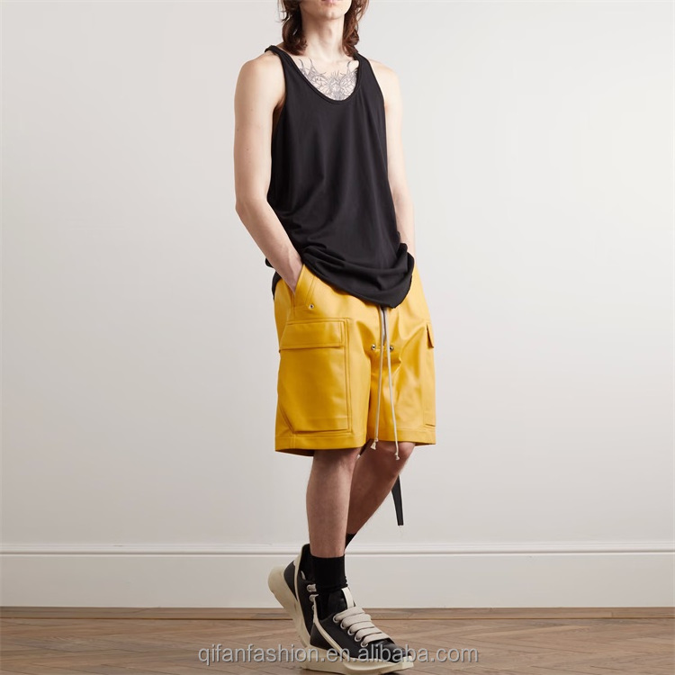 Custom street style patch pockets leather cargo shorts for men