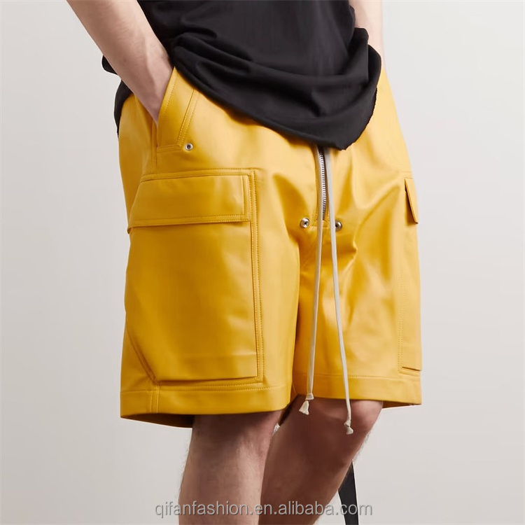 Custom street style patch pockets leather cargo shorts for men