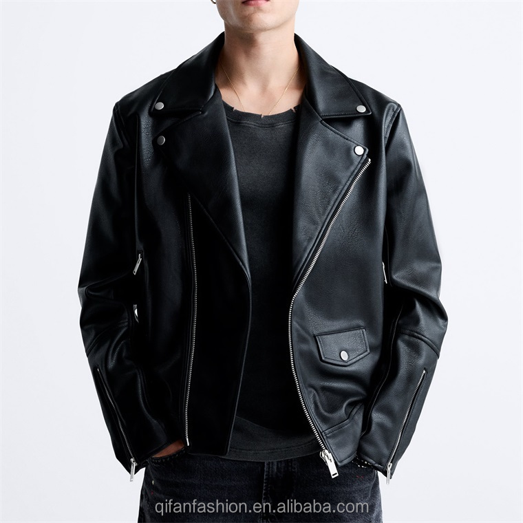 Custom lapel collar windbreaker leather motorcycle jacket for men