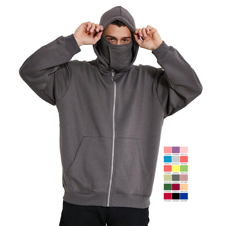 Custom blank plain full zip ninja face covering hoodie for men