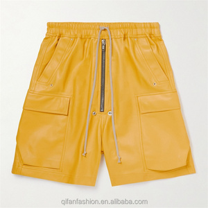 Custom street style patch pockets leather cargo shorts for men