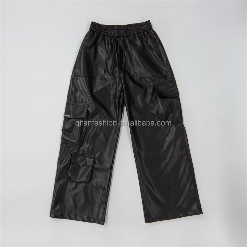 Custom loose baggy bottom trousers wide leg oversized leather cargo pants for men