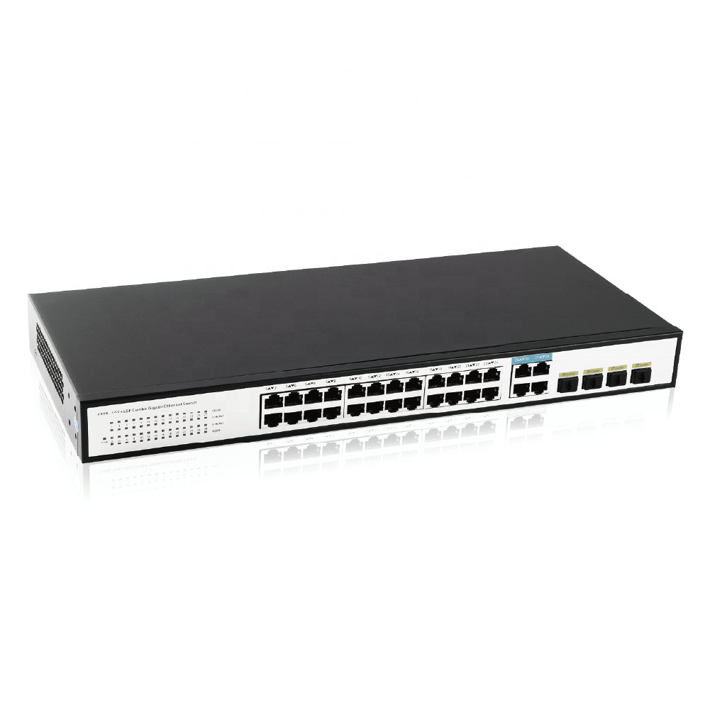 32 Ports Gigabit 1U Rack Mount 24+4+4 Giga Ethernet Switch 4SFP Combo 4 Gigabit 1000Mbps Max 30W Output 24 PoE Network Switch