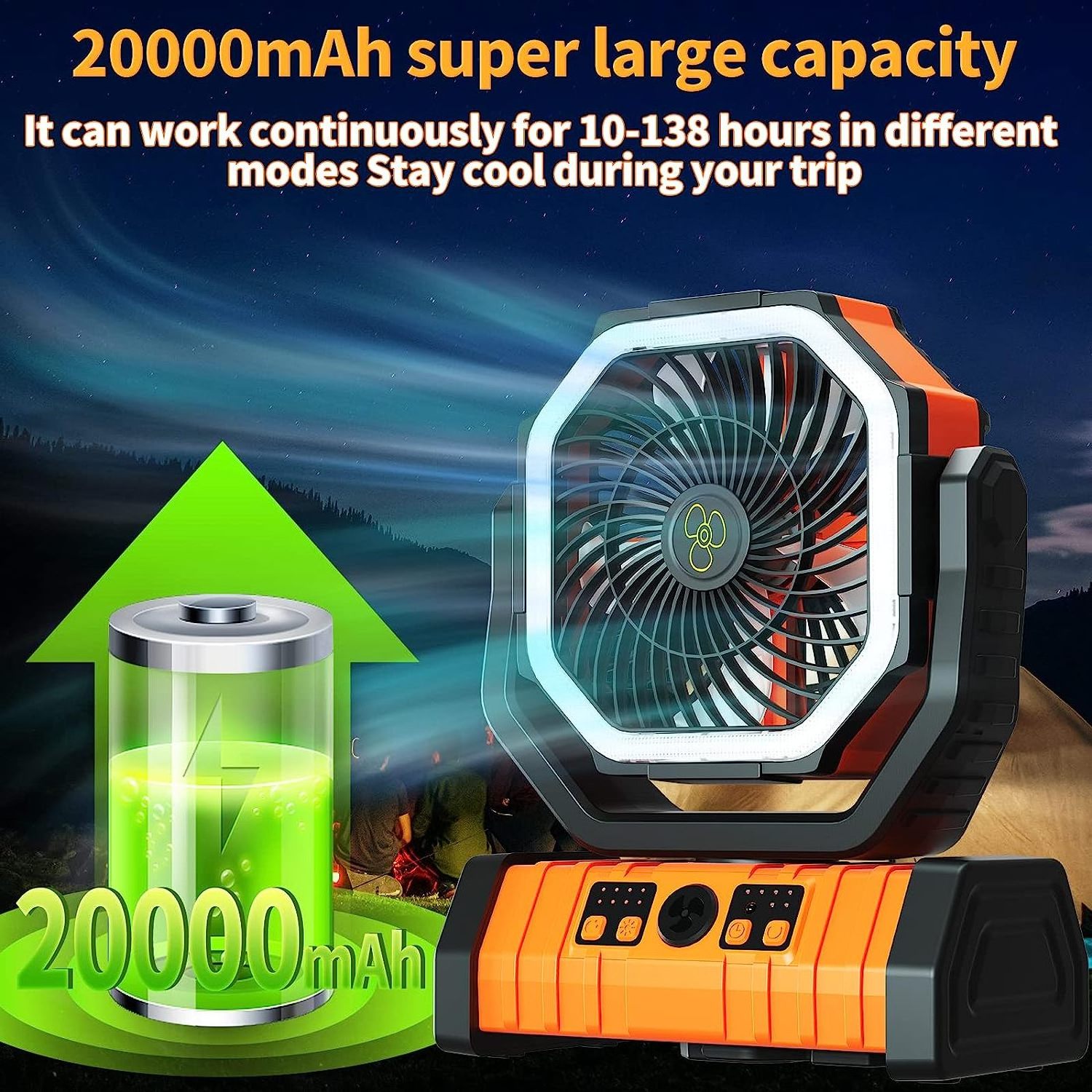 2 In 1 Rechargeable Camping Light With Fan For Outdoor Emergency Light With Hanging Hook Bedroom