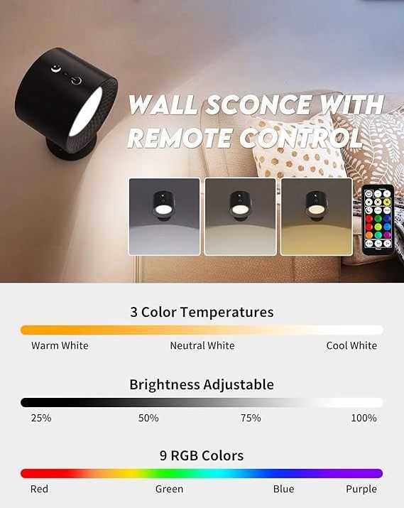 Dual light source LED Wall Lamp Wireless RGB Night Light For  Home Hotel Gallery Decoration Bedside Reading