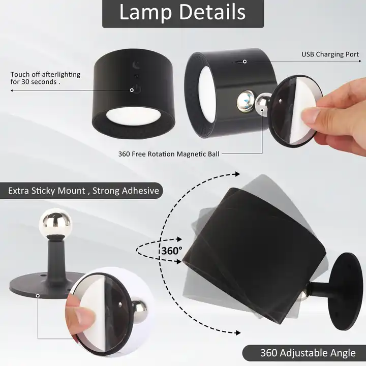 LED Wall Mounted Lights with Remote 2000mAh Rechargeable Battery Operated Dimmable Magnetic 360 Cordless for Bedroom Bedside