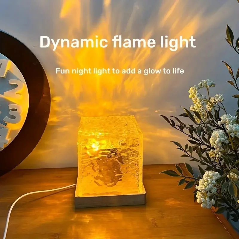 Remote Control LED Rotating Water Ripple Night Light RGB Color Changing Cube Crystal Table Lamp For Bedroom Decoration