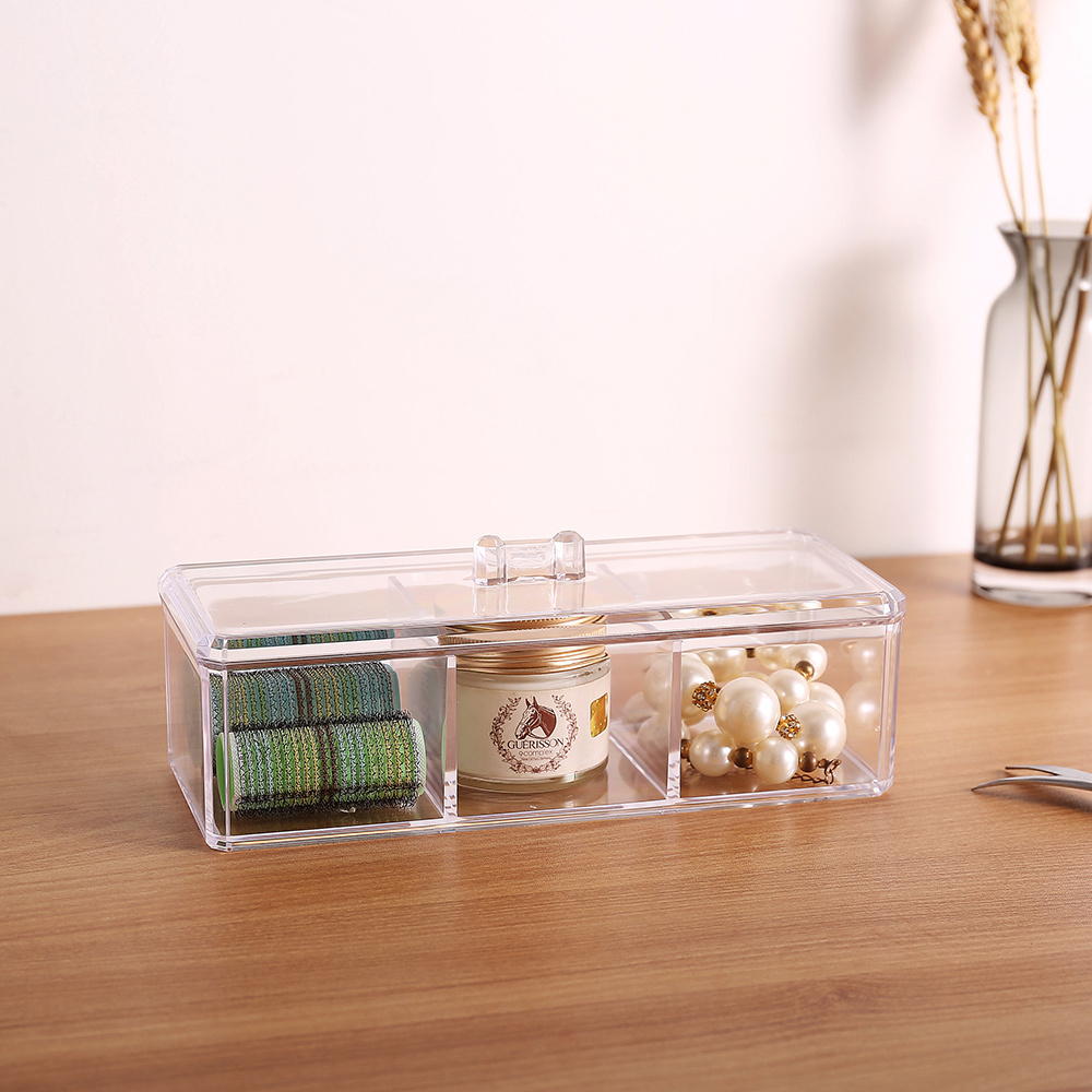 Bathroom Clear Storage Case 3 Grids Arcylic Plastic Dustproof Powder Puff Holder Cotton Pad Holder with Lid