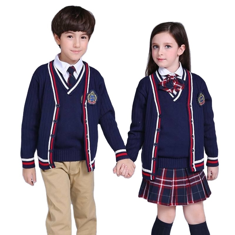 Autumn Kid Knitted Primary School Uniforms Suit Custom Design Embroidered Children Opp Bag Sleeveless School Uniform For Girl