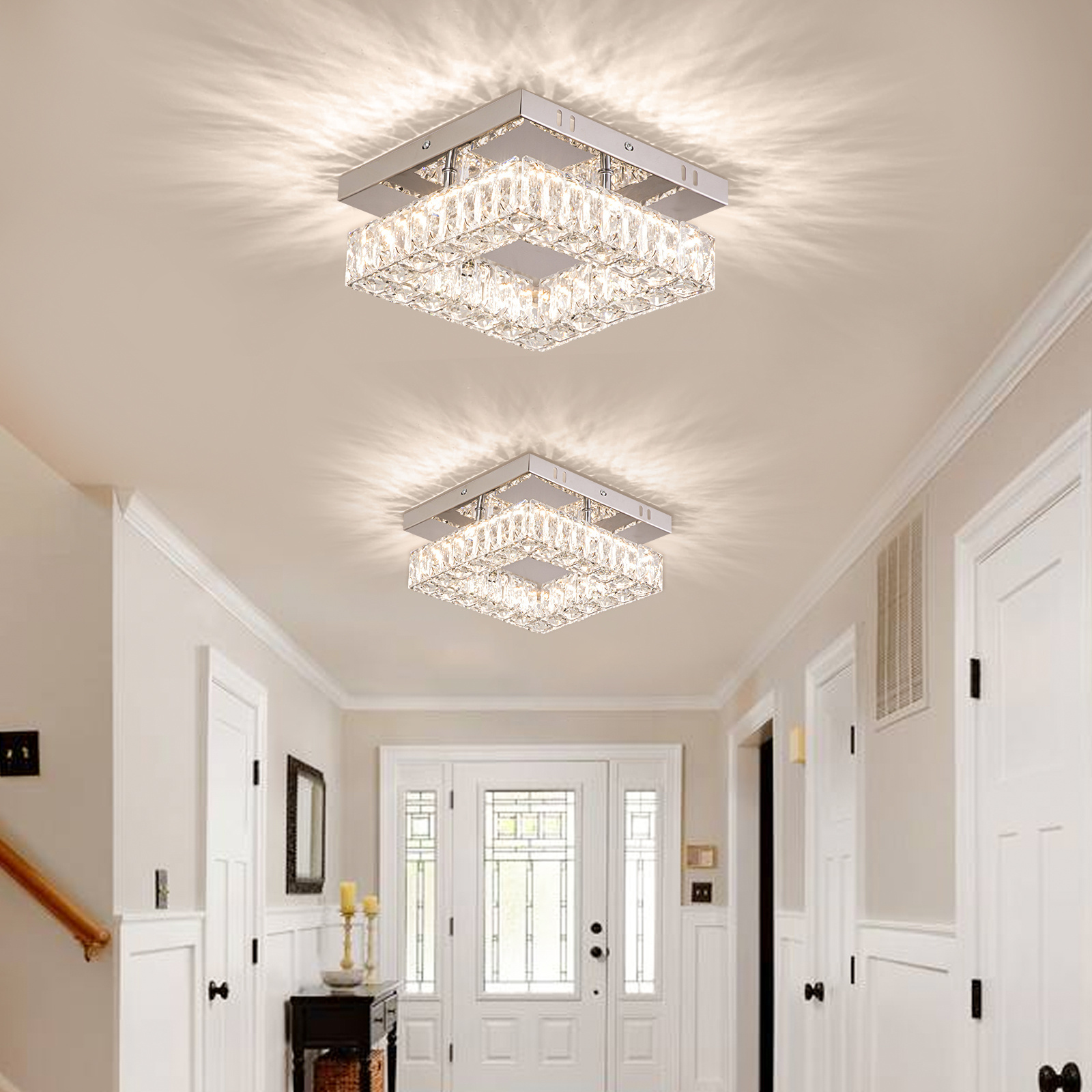 Dimmable Crystal Chandelier LED Ceiling Light with Remote Flush Mount Small Chandelier for Hallway Foyer Kitchen Stair Closet