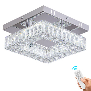 Dimmable Crystal Chandelier LED Ceiling Light with Remote Flush Mount Small Chandelier for Hallway Foyer Kitchen Stair Closet