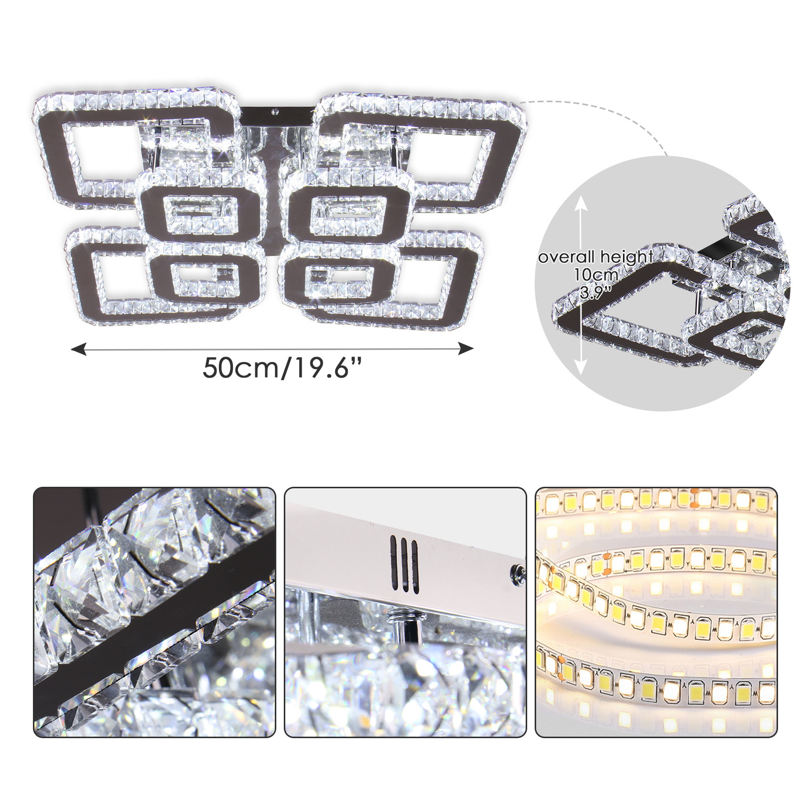 Square Modern Crystal Chandelier  LED Flush Mount Crystal Ceiling Light for Living Room Bedrooms Dining Room