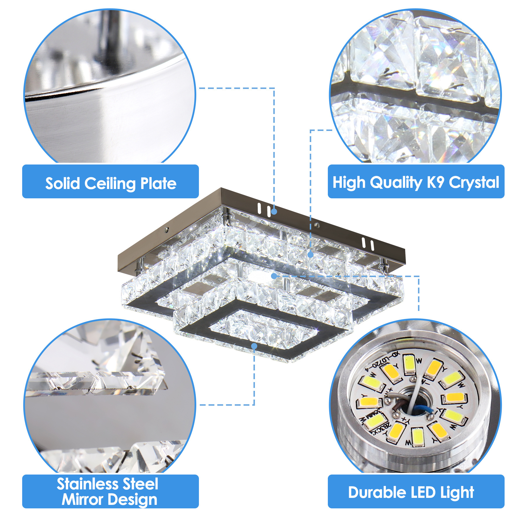 Living Room Ceiling Lamp Modern Rectangular LED Crystal Ceiling Light  Double Layer Flush Mount Chandelier Light Fixtures