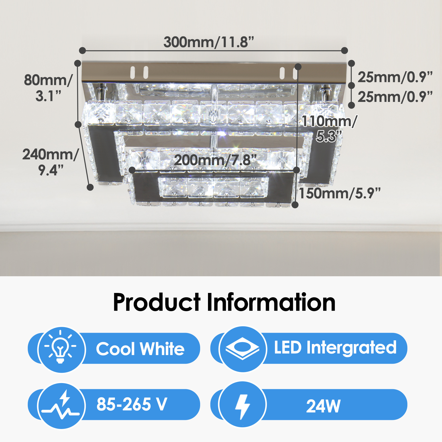 Living Room Ceiling Lamp Modern Rectangular LED Crystal Ceiling Light  Double Layer Flush Mount Chandelier Light Fixtures