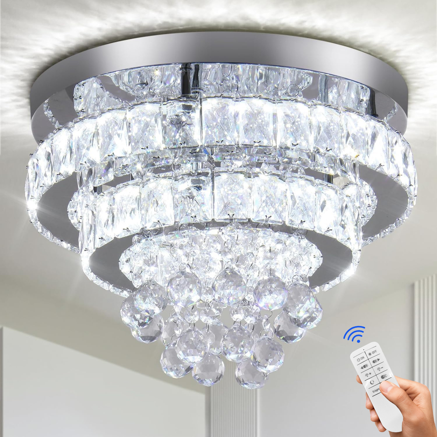 Modern Dimmable Flush Mount Light Fixtures for Bedroom Living Room Hallway Crystal Chandelier Ceiling Lighting Fixtures