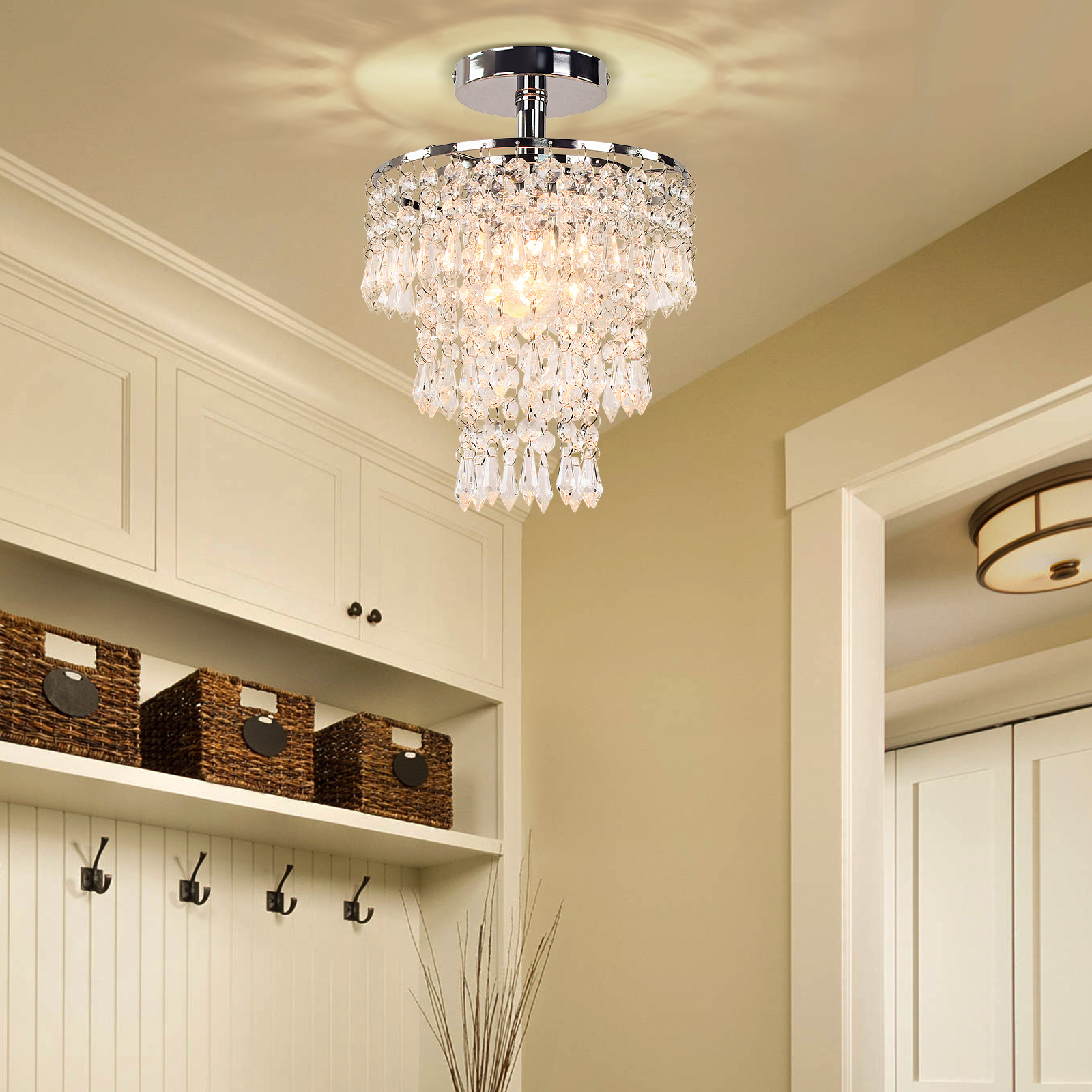 Small Crystal Chandelier Gold&Chrome Crystal Flush Mount Ceiling Light Crystal Pendant Light for Entrance Foyer Bedroom