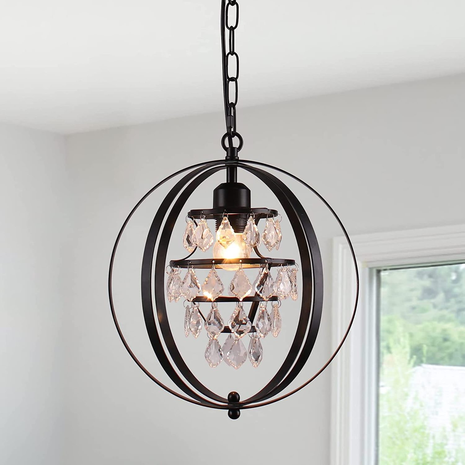 Orb Farmhouse Chandelier Crystal Pendant Light Fixtures Industrial Adjustable Hanging Lights Fixture for Kitchen (E26