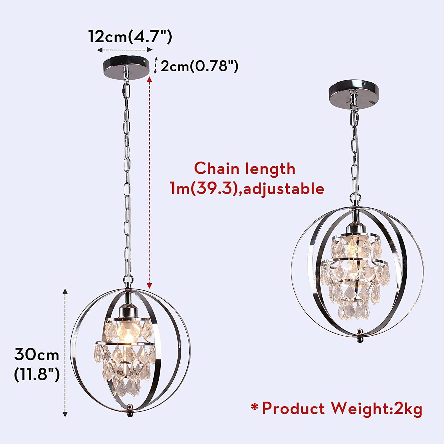 Orb Farmhouse Chandelier Crystal Pendant Light Fixtures Industrial Adjustable Hanging Lights Fixture for Kitchen (E26