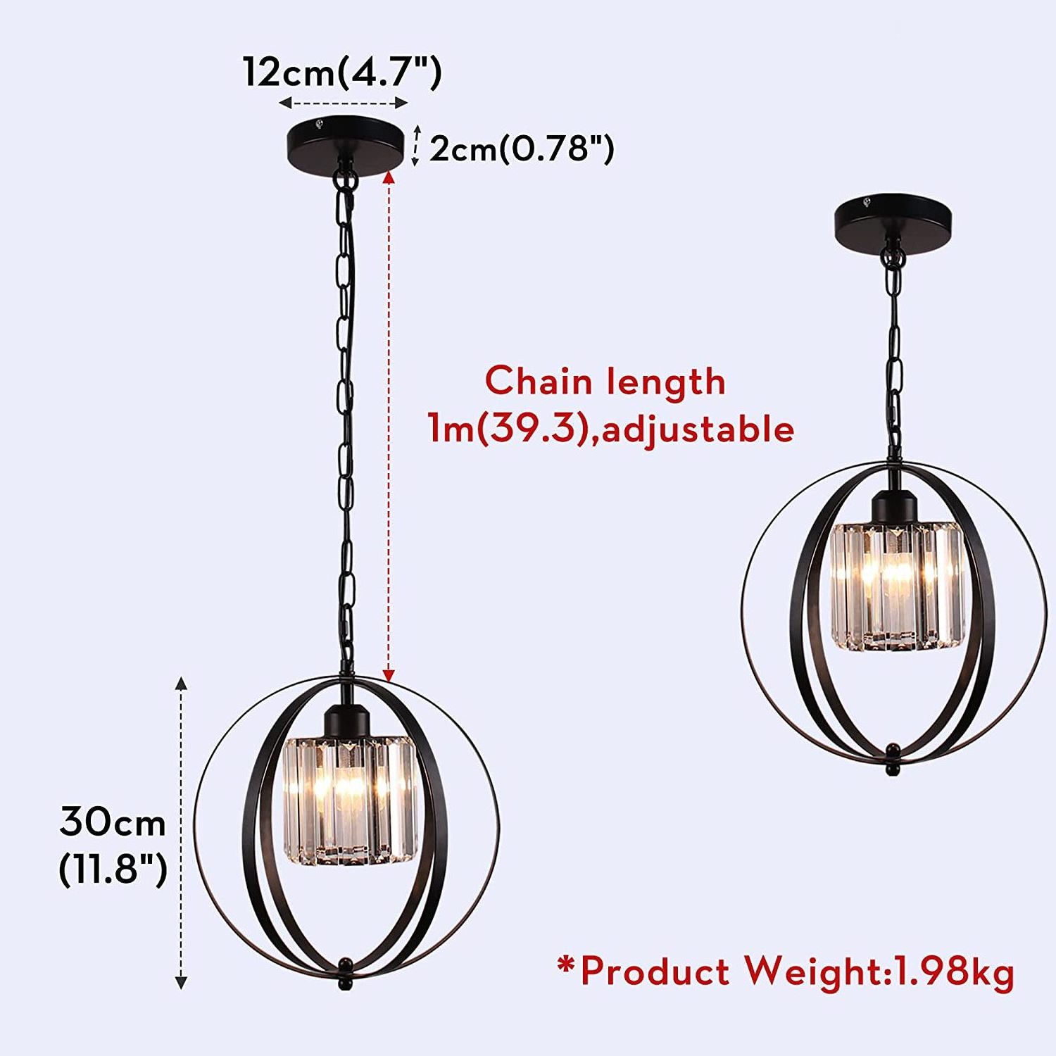 Farmhouse Chandelier Crystal Pendant Light Adjustable Hanging Light Fixtures Orb Chandeliers for Kitchen Dining Room (E26 Base)