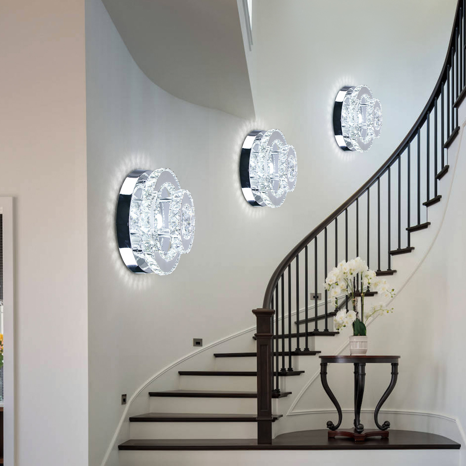 Contemporary Two-Layer LED Crystal Chandelier Modern Round Ceiling Light  for Hallway Foyer Kitchen Stair Closet