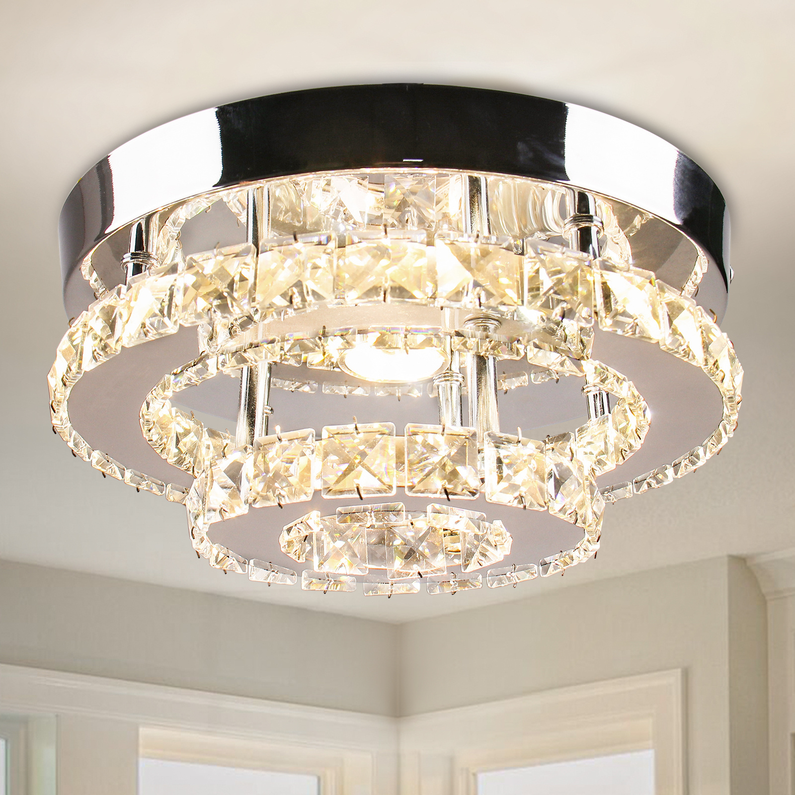 Contemporary Two-Layer LED Crystal Chandelier Modern Round Ceiling Light  for Hallway Foyer Kitchen Stair Closet