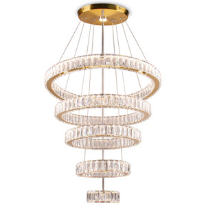 Five LED Crystal Chandelier Hotel Lobby High Ceiling LED Ring Circular Drop Light Crystal Pendant Lights