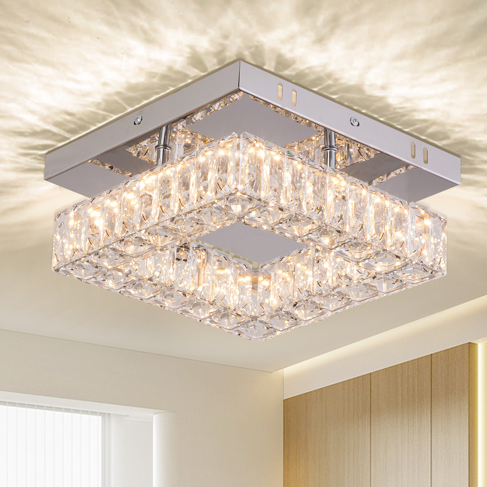 9.8 Inch Small Room Chandelier Ceiling Light for Kitchen Hallway Foyer Closet Square Crystal Flush Mount Ceiling Light Fixture