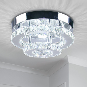 Mini Modern Round LED Crystal Ceiling Light 2-tiers Flush Mount Chandelier Light Fixtures for Living Room Bedrooms Dining Room