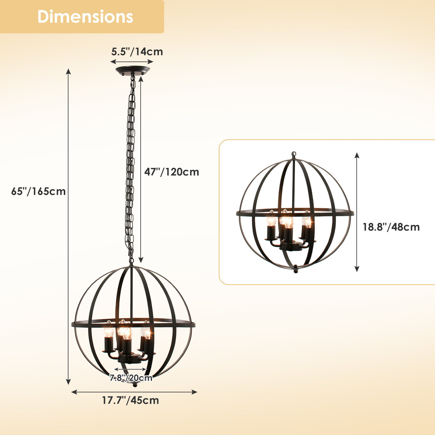 Industrial Pendant Light Flush Mount with Adjustable Chain,5-Light Orb Chandeliers,Black Globe Chandelier Light Fixture