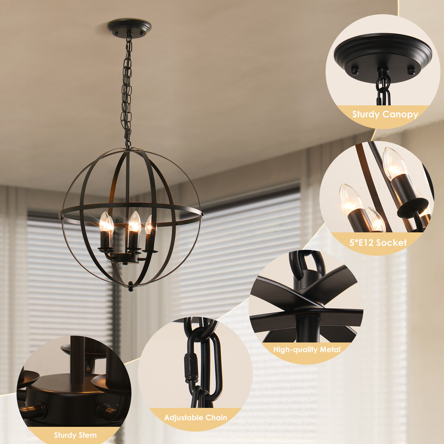 Industrial Pendant Light Flush Mount with Adjustable Chain,5-Light Orb Chandeliers,Black Globe Chandelier Light Fixture