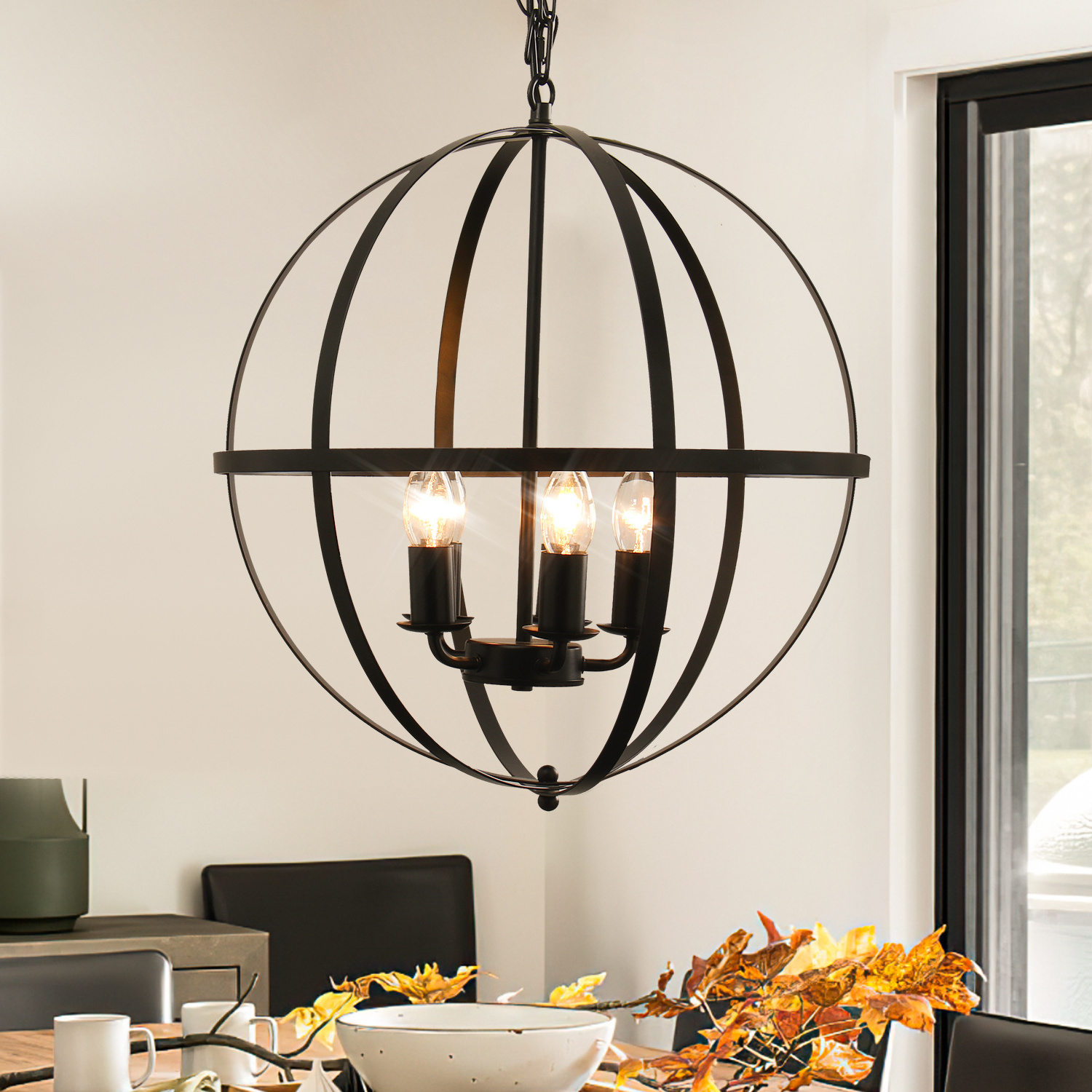 Industrial Pendant Light Flush Mount with Adjustable Chain,5-Light Orb Chandeliers,Black Globe Chandelier Light Fixture