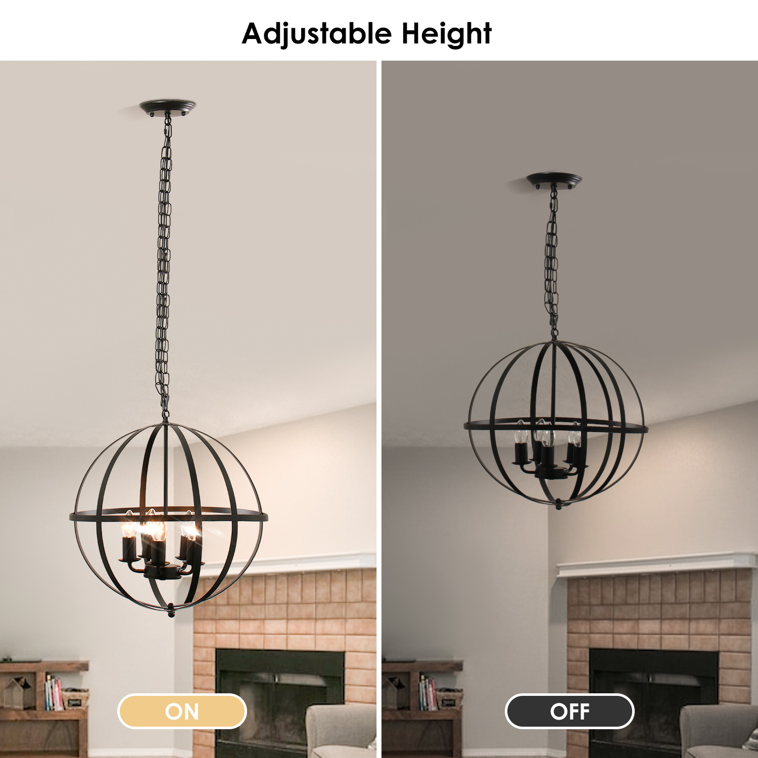 Industrial Pendant Light Flush Mount with Adjustable Chain,5-Light Orb Chandeliers,Black Globe Chandelier Light Fixture