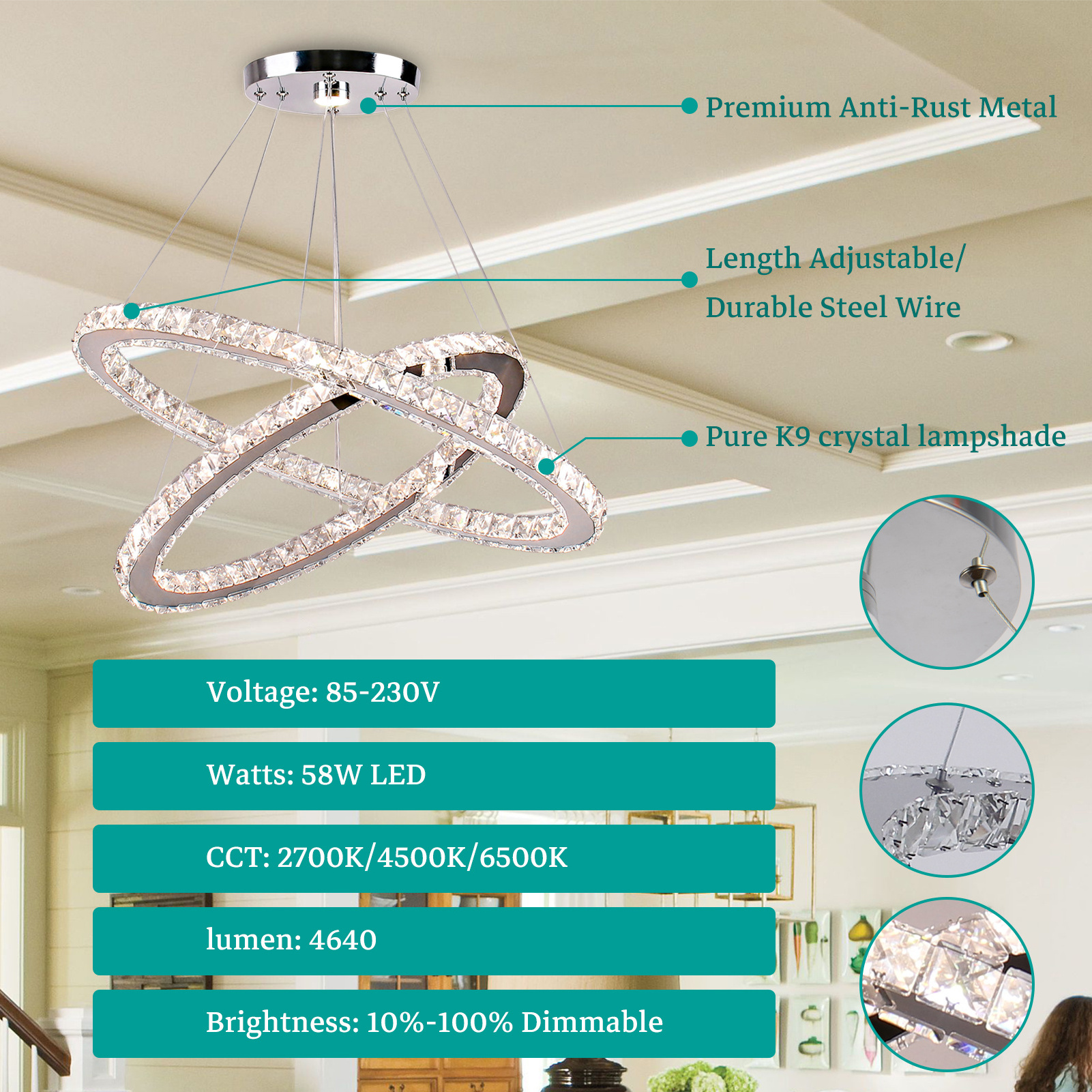 Crystal Chandelier Oval 2 Rings Modern Chandeliers LED Linear Pendant Island Light for Kitchen Dining Room Living Room