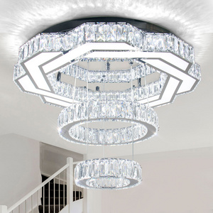 Modern 22.5" Large Crystal Chandelier LED Crystal Ceiling Light with 2 Rings Pendant Light Flush Mount Chandelier for Bedroom