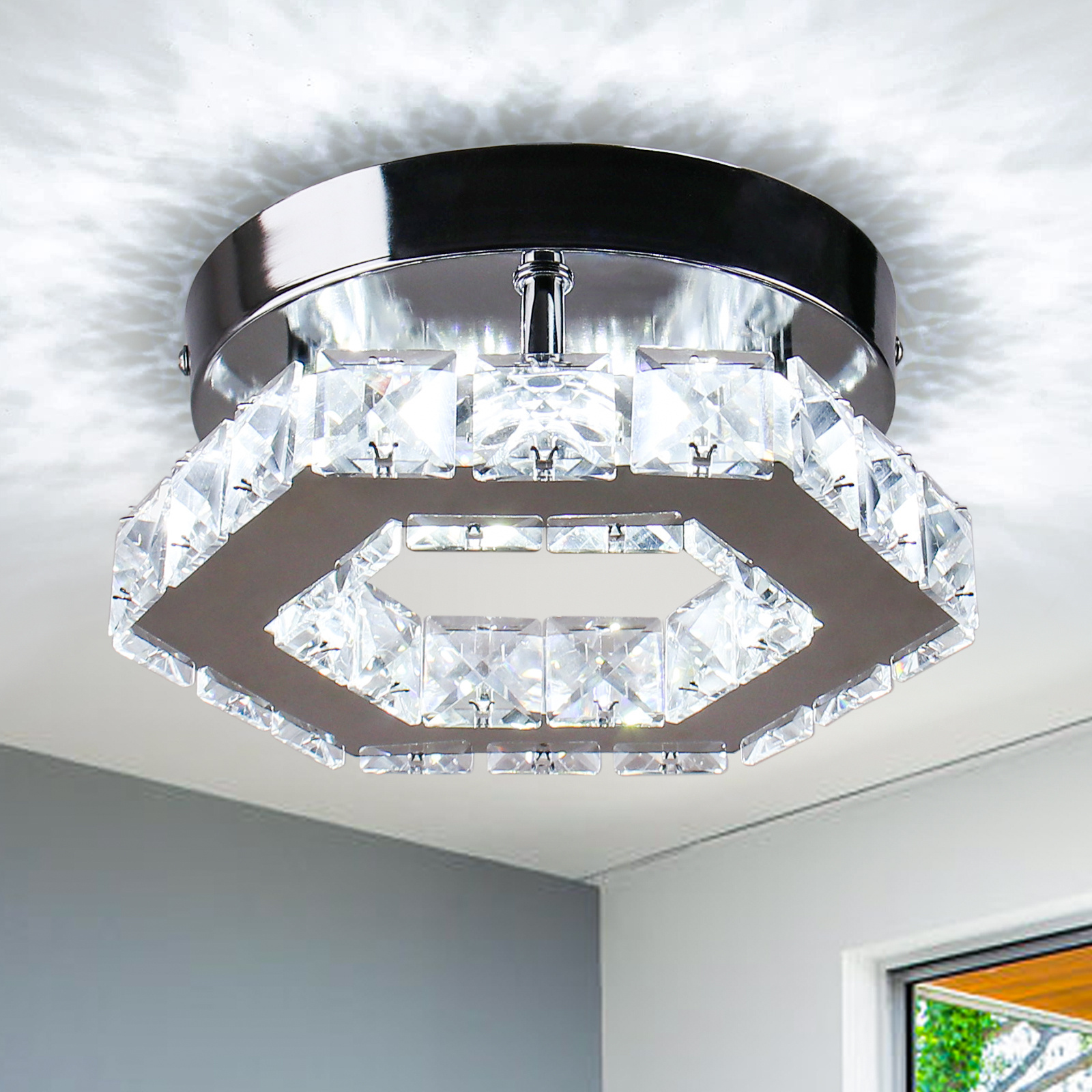 Modern Mini Square & Hexagon Crystal LED Ceiling Light Flush Mount Design for Hallway Bedroom & Dining Room with Remote Control