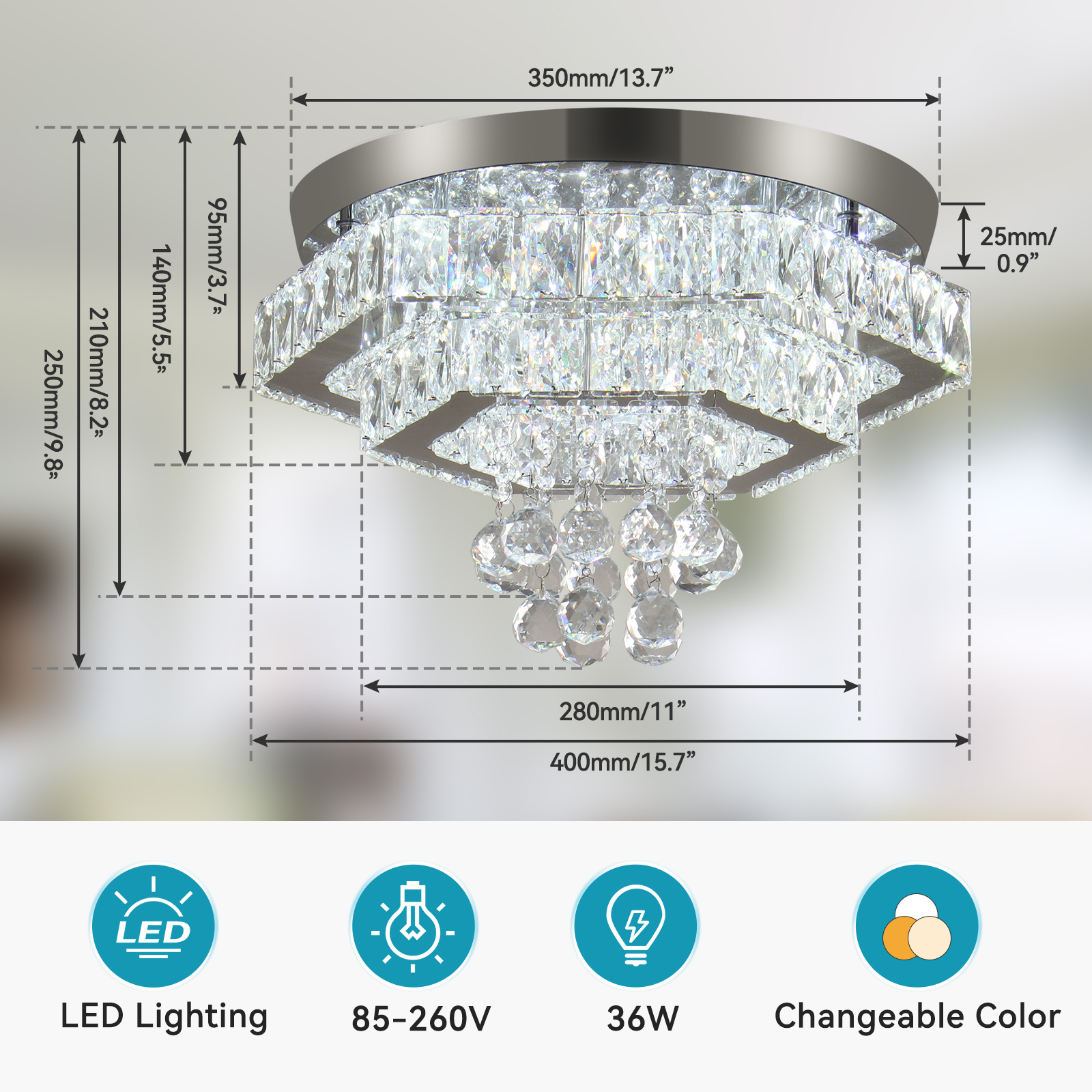 Modern Crystal Chandeliers LED Flush Mount Ceiling Light Fixtures 3 Color Change Chandelier for Dining Room Bedroom