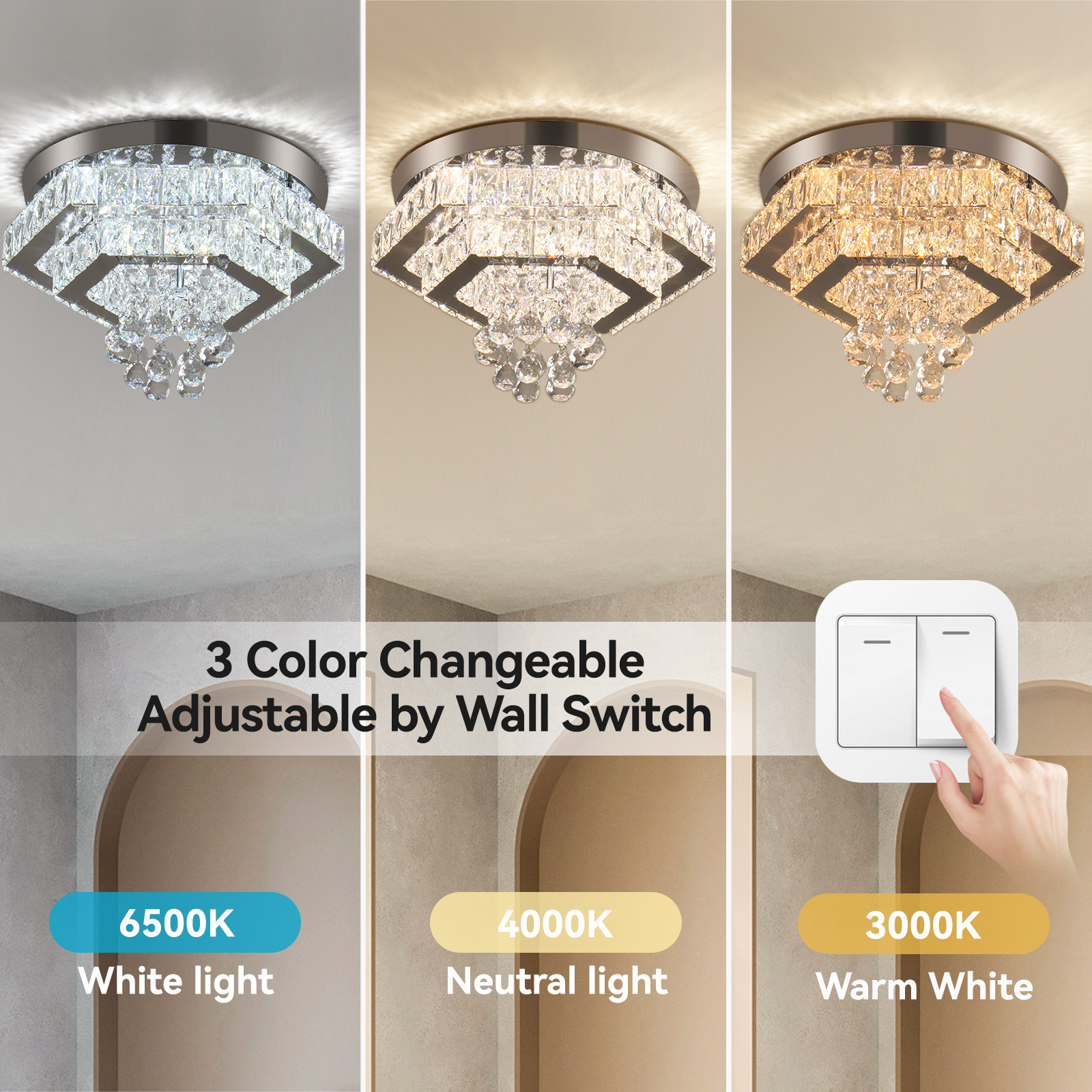 Modern Crystal Chandeliers LED Flush Mount Ceiling Light Fixtures 3 Color Change Chandelier for Dining Room Bedroom