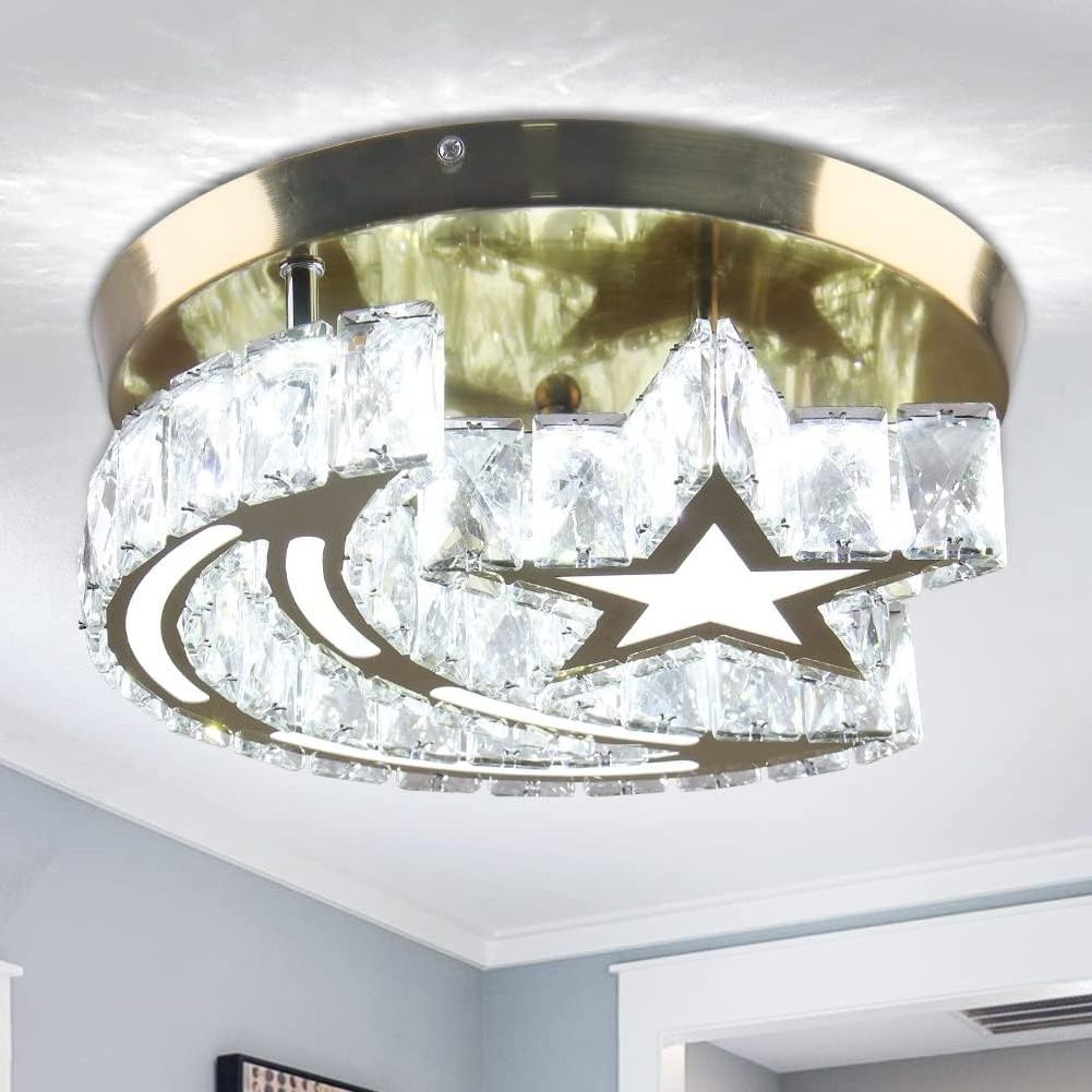 Gold Crystal Ceiling Light Modern Crystal Chandelier Star Moon LED Flush Mount Ceiling Lights Fixture for Hallway Entryway