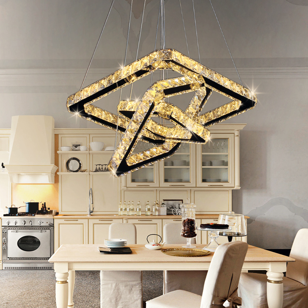 Modern 3-Rings Square Crystal Chandelier Adjustable LED Linear Island Pendant Light for Kitchen Chandeliers & Pendant Lights