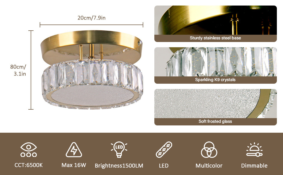 Modern Gold  Mini Crystal Chandelier Flush Mount Ceiling Light Fixture for  Hallway Kitchen Foyer or Entryway with Remote