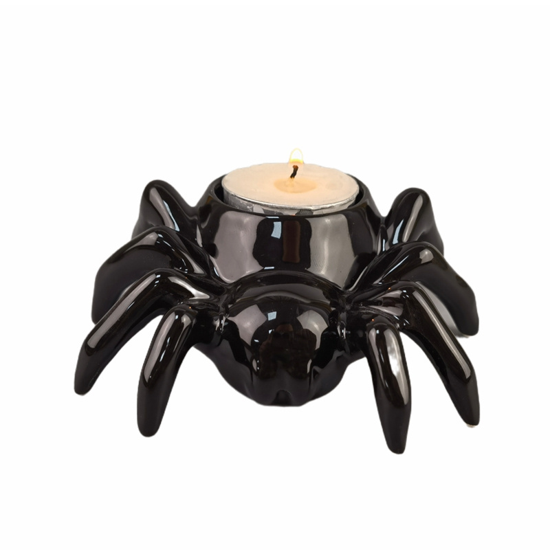 Custom decorative home ornament black ceramic arachnid animal tealight container porcelain tea light spider candle holder