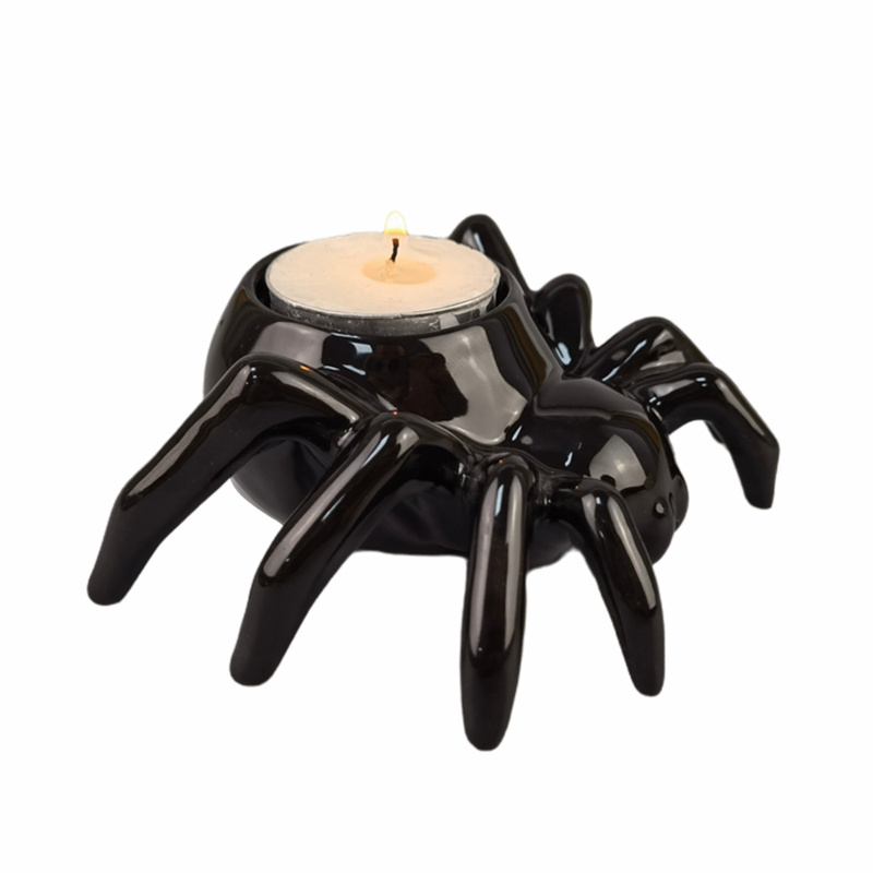 Custom decorative home ornament black ceramic arachnid animal tealight container porcelain tea light spider candle holder