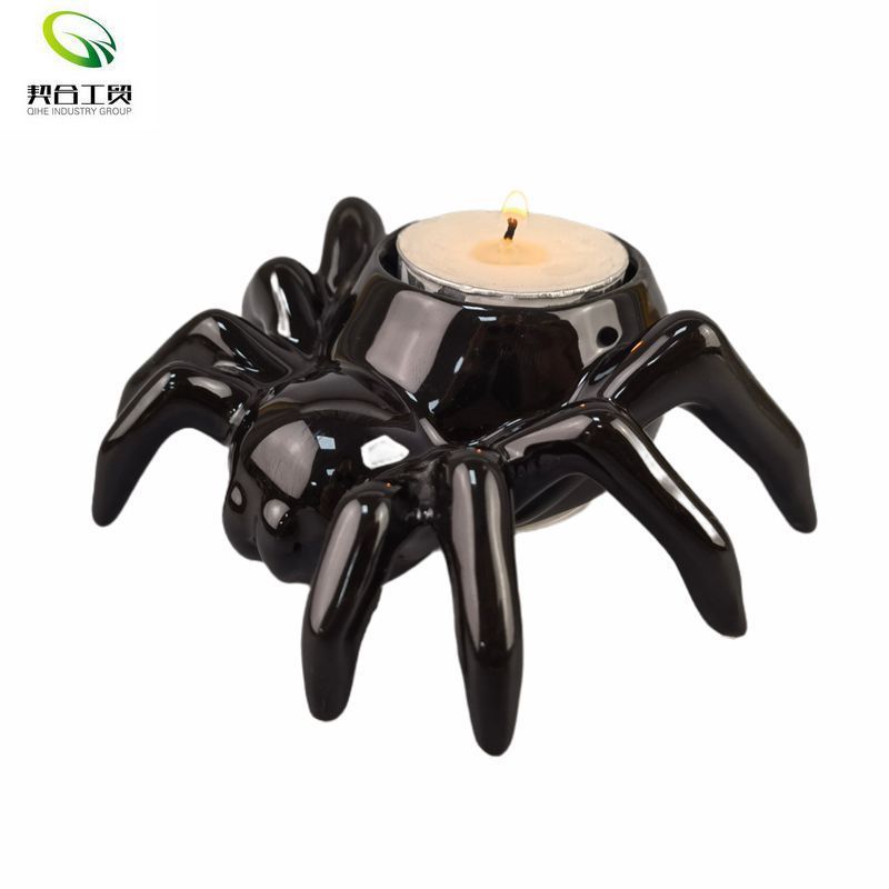 Custom decorative home ornament black ceramic arachnid animal tealight container porcelain tea light spider candle holder