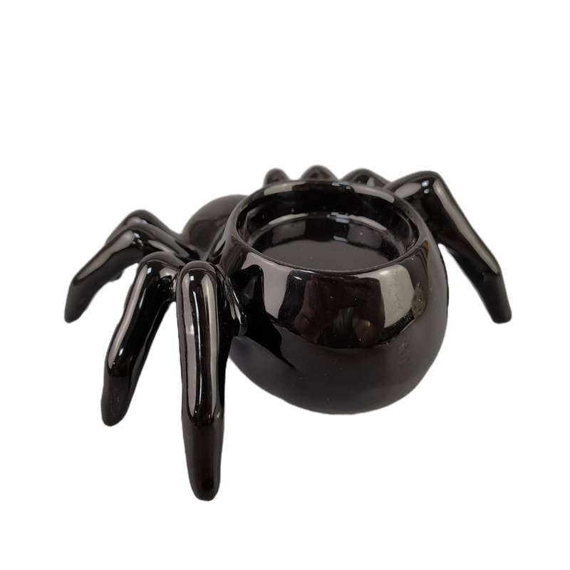 Custom decorative home ornament black ceramic arachnid animal tealight container porcelain tea light spider candle holder