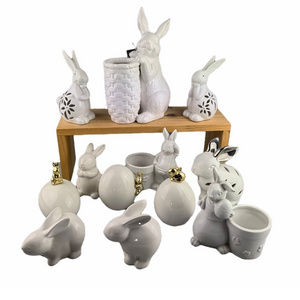 Lucky Fengshui porcelain Rabbit Figure for table top bunny decoration Cute small ceramic rabbit figurine