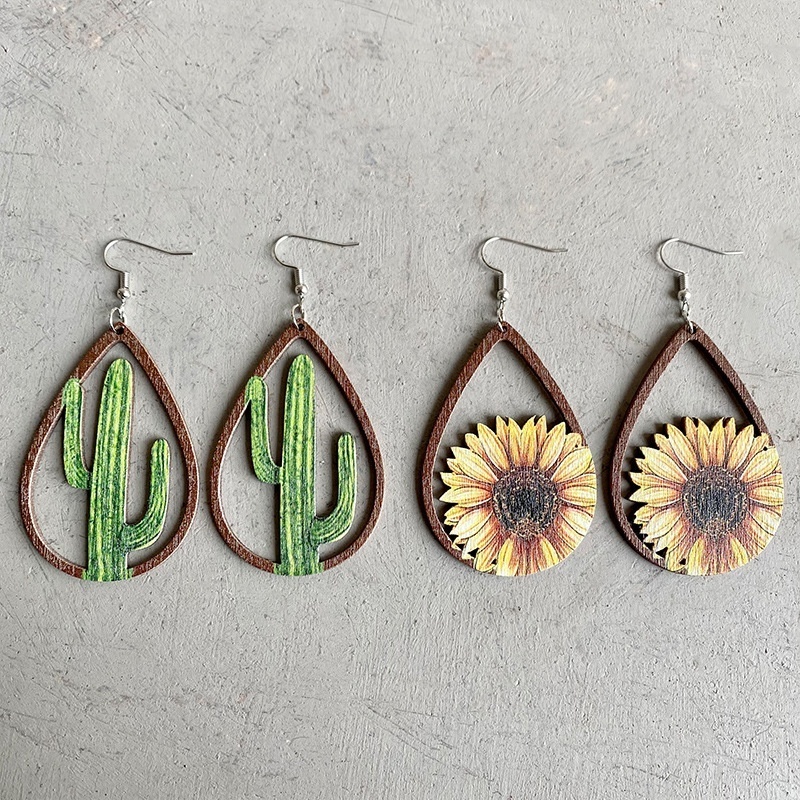 Western United States Water Drop Wood Earrings Printed Pattern Popular European and American Elements Sunflower Cactus Earrings