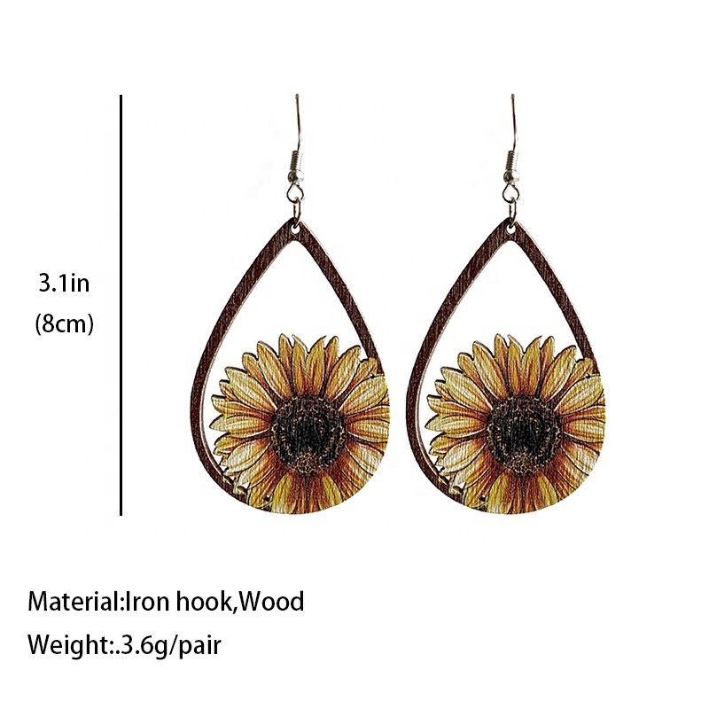 Western United States Water Drop Wood Earrings Printed Pattern Popular European and American Elements Sunflower Cactus Earrings